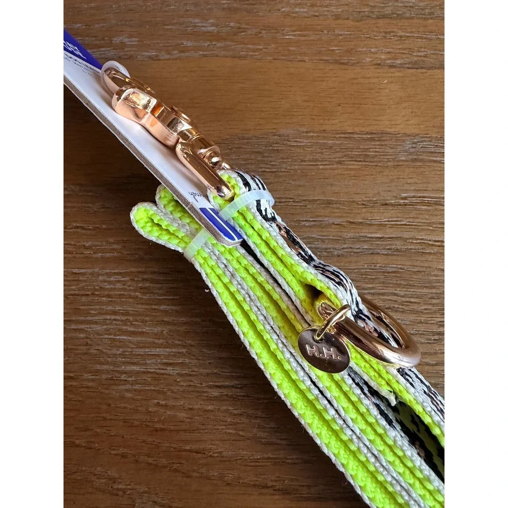 Hooray House Leopard Print Dog Leash 5ft Gold Metal Claw Clip Neon Green